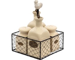 Clayre & Eef Olie en Azijnstel Kip 15x15x21 cm Beige Keramiek Peper en zout