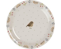 Clayre & Eef Ontbijtbord Ø 20 cm Beige Bruin Keramiek Rond Vogel Bord Eetbord Gebaksbordje