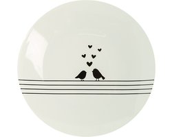 Clayre & Eef Ontbijtbord Ø 20 cm Wit Zwart Porselein Rond Harten Vogels Bord