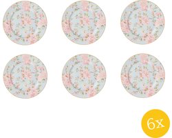 Clayre & Eef Ontbijtbord set van 6 stuks Ø 19 cm Groen Roze Porselein Bloemen Bord