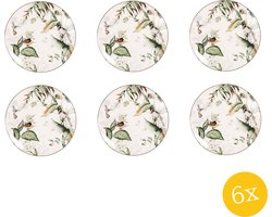 Clayre & Eef Ontbijtbord set van 6 stuks Ø 20 cm Wit Groen Porselein Rond Vogels Bord