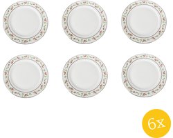 Clayre & Eef Ontbijtbord set van 6 stuks Ø 21 cm Wit Roze Porselein Rond Bloemen Bord