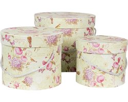 Clayre & Eef Opbergdoos Set van 3 23x20 / Ø 20x17 / Ø 17x14 cm Groen Karton Bloemen