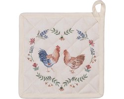 Clayre & Eef Pannenlap 20x20 cm Beige Blauw Katoen Kip en Haan