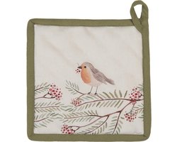 Clayre & Eef Pannenlap 20x20 cm Beige Groen Katoen Vogel