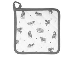 Clayre & Eef Pannenlap 20x20 cm Grijs Wit Katoen Vierkant Katten Afgiet Pannenlap