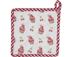 Clayre & Eef Pannenlap 20x20 cm Rood Wit Katoen Cupcakes