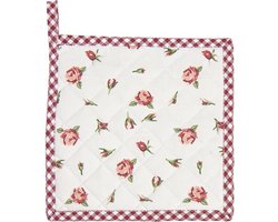 Clayre & Eef Pannenlap 20x20 cm Rood Wit Katoen Vierkant Rozen Afgiet Pannenlap