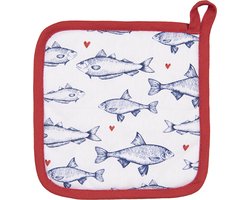 Clayre & Eef Pannenlap 20x20 cm Wit Blauw Katoen Vissen