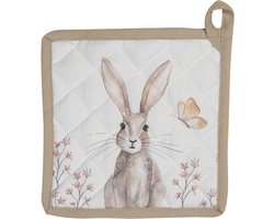 Clayre & Eef Pannenlap 20x20 cm Wit Bruin Katoen Konijn