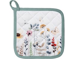 Clayre & Eef Pannenlap 20x20 cm Wit Groen Katoen Bloemen