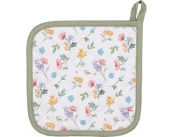 Clayre & Eef Pannenlap 20x20 cm Wit Groen Katoen Vierkant Bloemen
