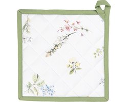 Clayre & Eef Pannenlap 20x20 cm Wit Groen Katoen Vierkant Bloemen Afgiet Pannenlap