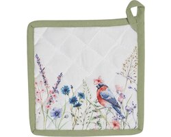 Clayre & Eef Pannenlap 20x20 cm Wit Groen Katoen Vierkant Bloemen Afgiet Pannenlap