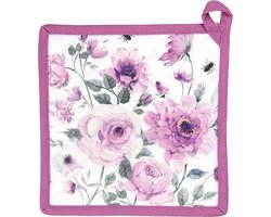 Clayre & Eef Pannenlap 20x20 cm Wit Paars Katoen Vierkant Rozen Afgiet Pannenlap