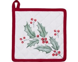 Clayre & Eef Pannenlap 20x20 cm Wit Rood Katoen Hulstbladeren