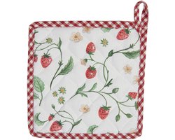 Clayre & Eef Pannenlap 20x20 cm Wit Rood Katoen Vierkant Aardbeien Afgiet Pannenlap
