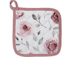 Clayre & Eef Pannenlap 20x20 cm Wit Roze Katoen Rozen