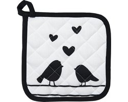 Clayre & Eef Pannenlap 20x20 cm Wit Zwart Katoen Vierkant Harten Vogels Afgiet Pannenlap