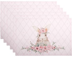 Clayre & Eef Placemats Set van 6 48x33 cm Roze Katoen Konijn