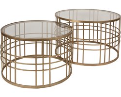 Clayre & Eef Salontafel set van 2 Ø75x46 / Ø66x41 cm Goudkleurig Metaal Glas Rond Bijzettafel