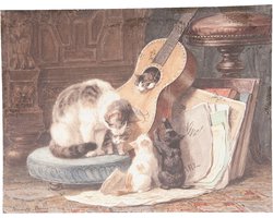 Clayre & Eef Schilderij 73*3*55 cm Meerkleurig Jute Rechthoek Katten Muurdecoratie Wanddecoratie