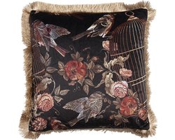 Clayre & Eef Sierkussen 45x45 cm Zwart Rood Synthetisch Vierkant Vogels Kussenhoes met Kussenvulling