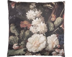 Clayre & Eef Sierkussen 45x45 cm Zwart Wit Synthetisch Vierkant Bloemen Kussenhoes met Kussenvulling