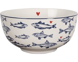 Clayre & Eef Soepkom 500 ml Wit Blauw Porselein Vissen Serveerkom