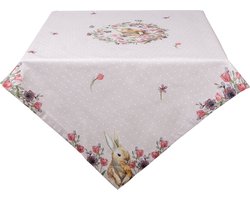 Clayre & Eef Tafelkleed 100x100 cm Beige Roze Katoen Vierkant Konijn Bloemen Tafellaken