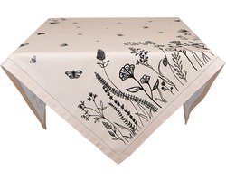 Clayre & Eef Tafelkleed 100x100 cm Beige Zwart Katoen Bloemen Tafellaken