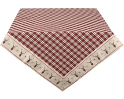 Clayre & Eef Tafelkleed 100x100 cm Rood Beige Katoen Vierkant Ruit Hert Tafellaken