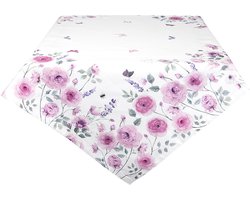 Clayre & Eef Tafelkleed 100x100 cm Wit Paars Katoen Vierkant Rozen Tafellaken