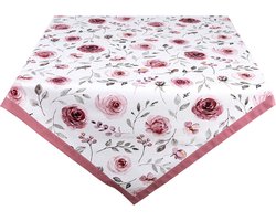 Clayre & Eef Tafelkleed 100x100 cm Wit Roze Katoen Vierkant Rozen Tafellaken