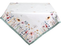 Clayre & Eef Tafelkleed 150x150 cm Wit Groen Katoen Vierkant Bloemen Tafellaken