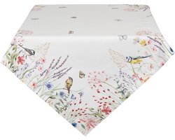 Clayre & Eef Tafelkleed 150x250 cm Wit Groen Katoen Rechthoek Bloemen Tafellaken