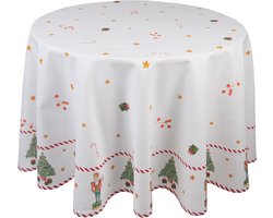 Clayre & Eef Tafelkleed Kerst Ø 170 cm Wit Groen Katoen Rond Notenkrakers Tafellaken