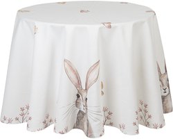 Clayre & Eef Tafelkleed Ø 170 cm Wit Bruin Katoen Rond Konijn Tafellaken