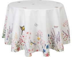 Clayre & Eef Tafelkleed Ø 170 cm Wit Groen Katoen Rond Bloemen Tafellaken