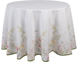 Clayre & Eef Tafelkleed Ø 170 cm Wit Katoen Rond Bloemen Tafellaken