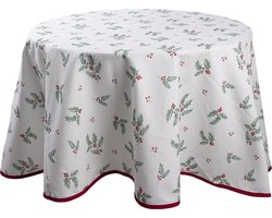 Clayre & Eef Tafelkleed Ø 170 cm Wit Rood Katoen Rond Hulstbladeren Tafellaken