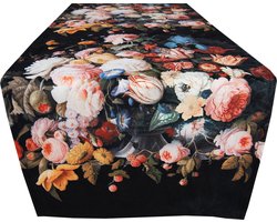 Clayre & Eef Tafelloper 35x180 cm Zwart Rood Polyester Bloemen Tafelkleed