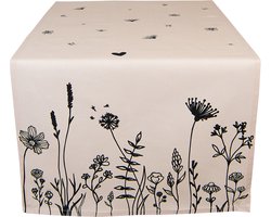 Clayre & Eef Tafelloper 50x140 cm Beige Zwart Katoen Bloemen Tafelkleed