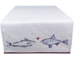Clayre & Eef Tafelloper 50x140 cm Wit Blauw Katoen Vissen