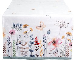 Clayre & Eef Tafelloper 50x140 cm Wit Groen Katoen Rechthoek Bloemen Tafelkleed