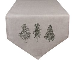 Clayre & Eef Tafelloper 50x160 cm Beige Groen Katoen Dennenbomen