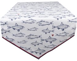Clayre & Eef Tafelloper 50x160 cm Wit Blauw Katoen Vissen Tafelkleed