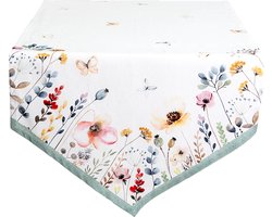 Clayre & Eef Tafelloper 50x160 cm Wit Groen Katoen Bloemen Tafelkleed