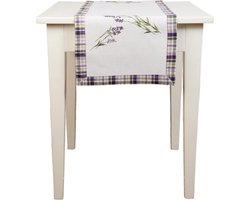 Clayre & Eef - Tafelloper - Geborduurde lavendel en geruite rand - Aubergine - 40 x 120 cm