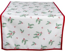 Clayre & Eef Tafelloper Kerst 50x140 cm Wit Rood Katoen Rechthoek Hulstbladeren Tafelkleed